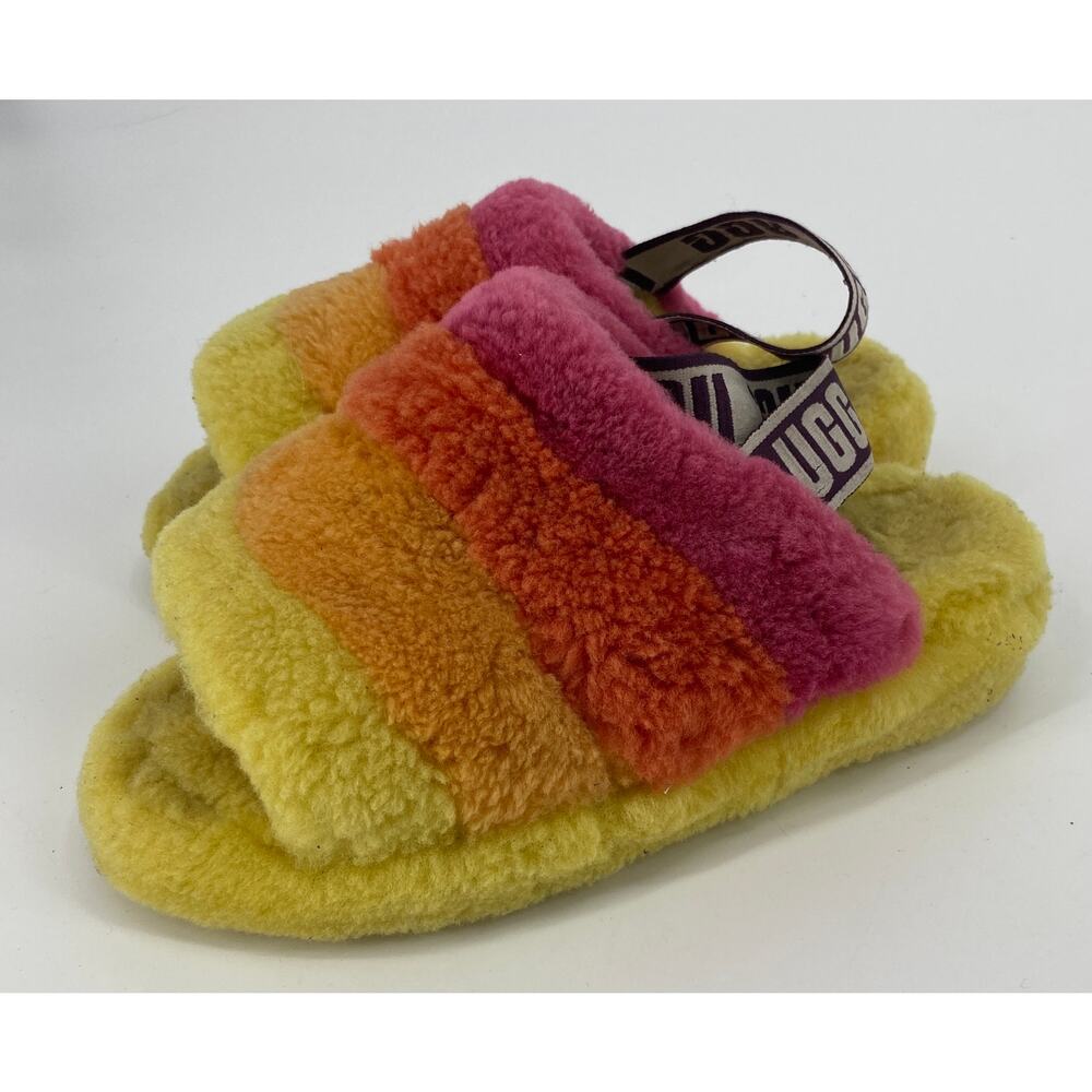 UGG WOMEN 5 FLUFF YEAH SLIDE PRIDE RAINBOW YELLOW SHEEPSKIN SLIPPERS SANDAL - Picture 3 of 6